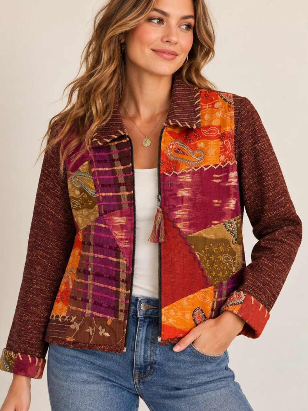 Sharon Anthony Crystal Patchwork Jacket P Boho Paisley Artsy Cotton Rayon India